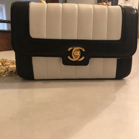 Vintage Chanel Mini Mademoiselle Bag Black and White Lambskin Gold Hardware - Picture 11 of 17